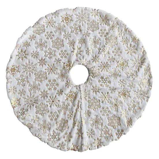 35 Inch Christmas Tree Skirt Gold Sequin Feather Snowflake Pattern White Faux Fur Tree Skirt Fluffy Plush Tree Base Mat for Holiday Home Decor
