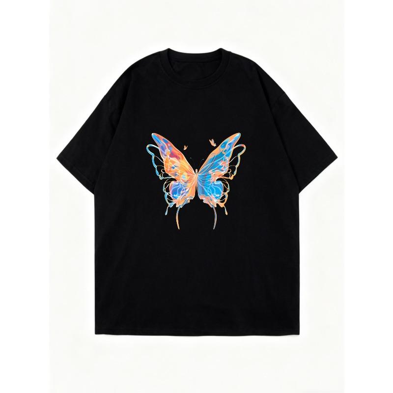 Übergroßes T-Shirt-Kleid Schwarz Bunter Schmetterlingsdruck Lässige Kleidung Für Frauen Sommer-Outfit Streetwear Mode Trendiger Look