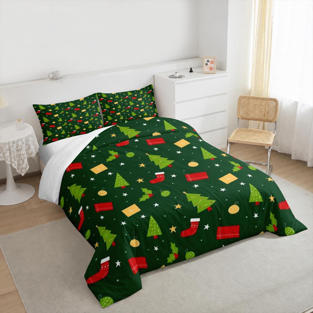 Christmas Tree Stocking Gift Bedding set (1 duvet cover, 2 pillowcases, duvet not included), Dark Green Flat Cartoon Art Print