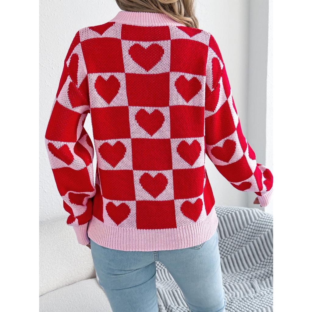 QICED Autumn and Winter Color-blocking Checkered Heart-shaped Lantern Sleeve Pullover Sweater for Valentine's Day Women's Wear