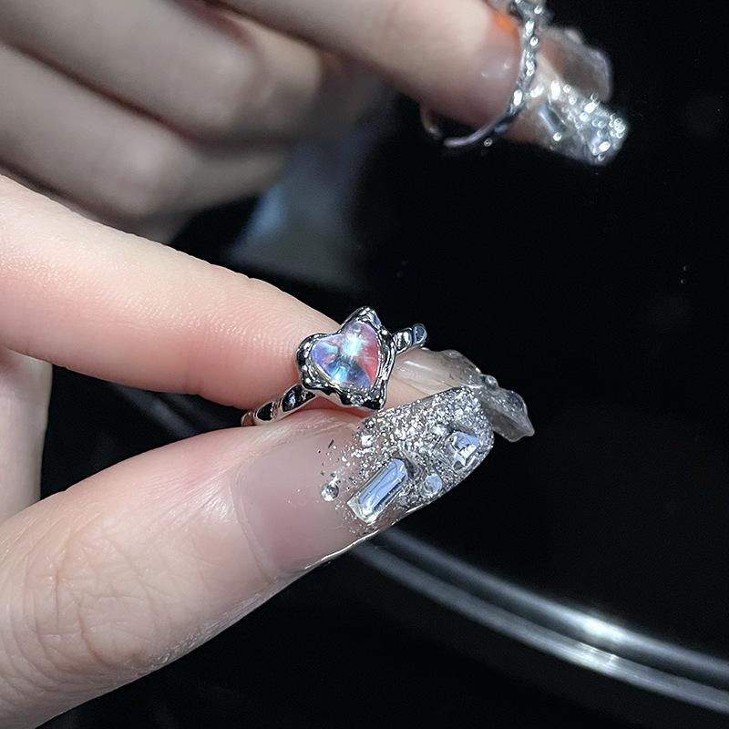 Niche Design Moonstone Chain Love Combination Stacked Open Ring Gemstone High Sense Ring Female Personality