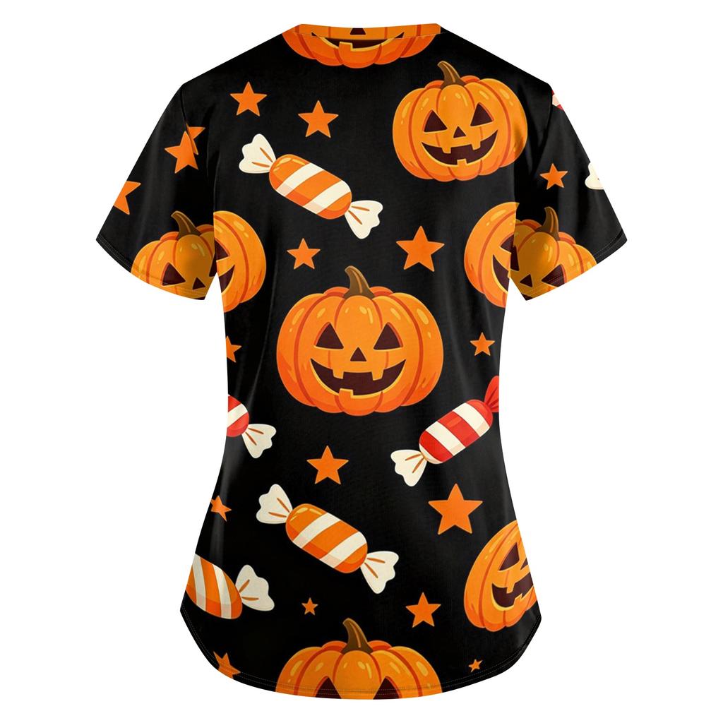 Women's Halloween Print Loose V-Neck Short Sleeve Pocket Uniform Top Scrub Costume Cosplay for Adult Women