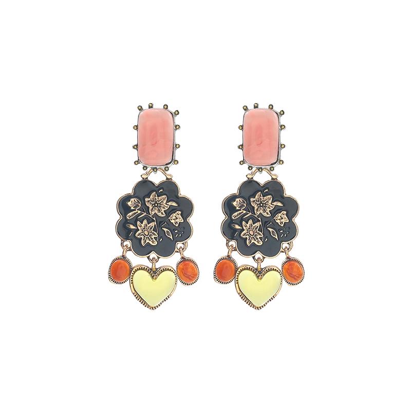 

Retro Ethnic Style Resin Heart Dangle Earrings For Women Exquisite Charm Trendy Enameled Flower Earrings Party Jewelry Gift