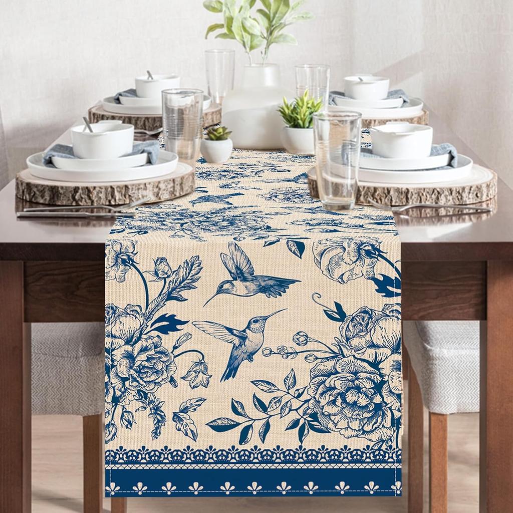Blue and White Porcelain Floral Birds Linen Table Runner Party Decor Farmhouse Kitchen Dining Table Runner Wedding Decorations