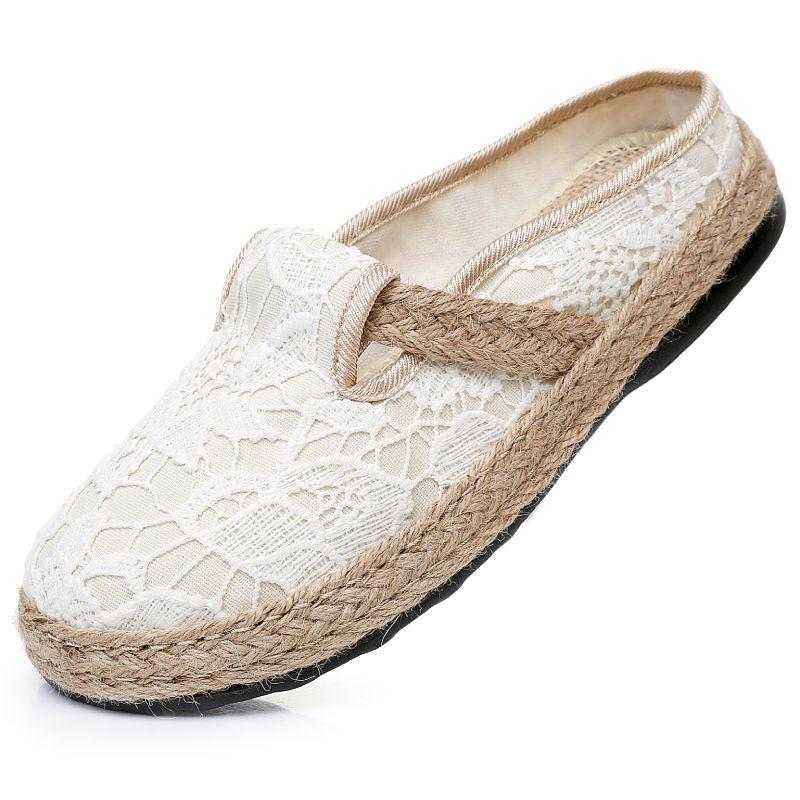 2025 New Breathable Casual Women's Bag Head Half Slippers Lace Retro Cotton and Linen Shoes Flat Bottom