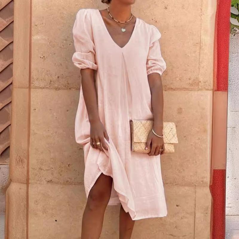 Fashion Short Sleeve V Neck Casual Loose Summer Dress Women Elegant Solid Color Simple A-line Dresses Office Ladies Plus Size Women Clothing