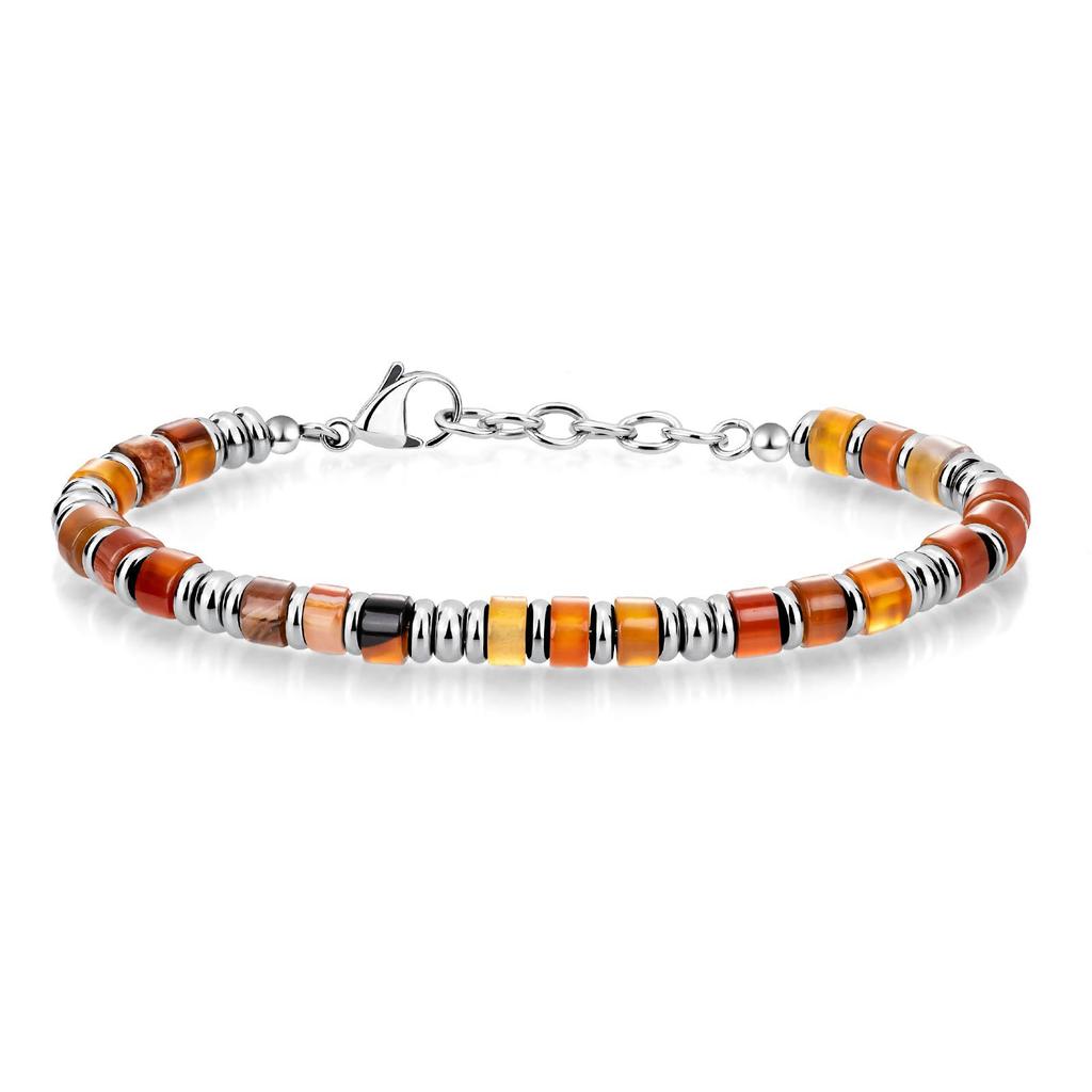Bohemian chain bracelet, natural stone flat bead stainless steel chain, holiday gift, obsidian chain bracelet.