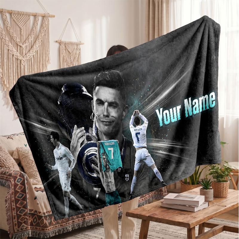Coperta Personalizzata in Pile Cristiano Ronaldo con Logo Calcio, Testo Nome Personalizzato Morbida Calda Coperta da Divano per la Casa