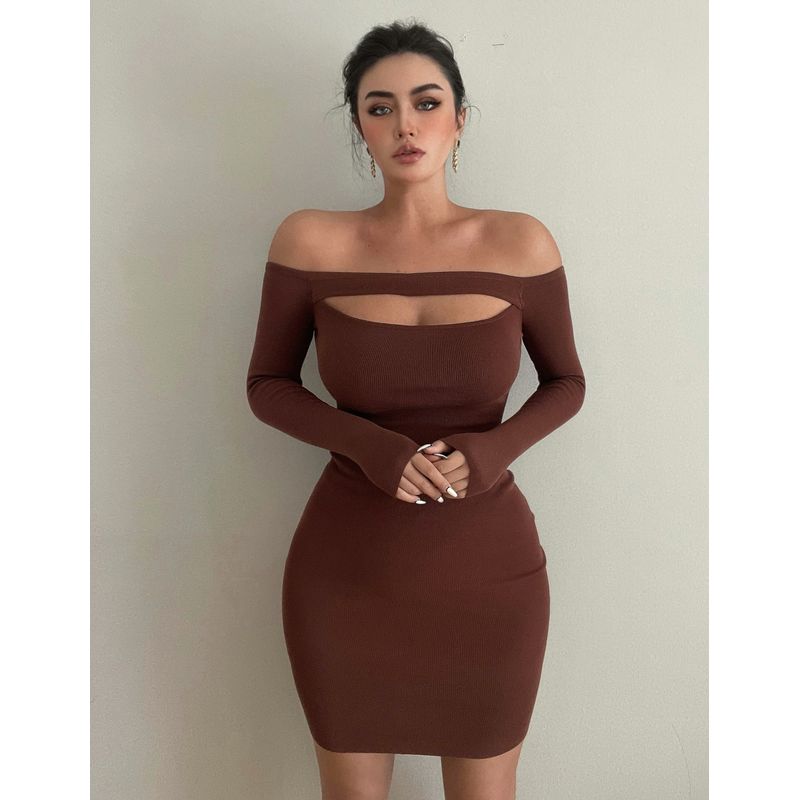 

La Pinky Fashion off-Shoulder Skinny Sheath Long Sleeves Knitting Dress Mocha Brown One size