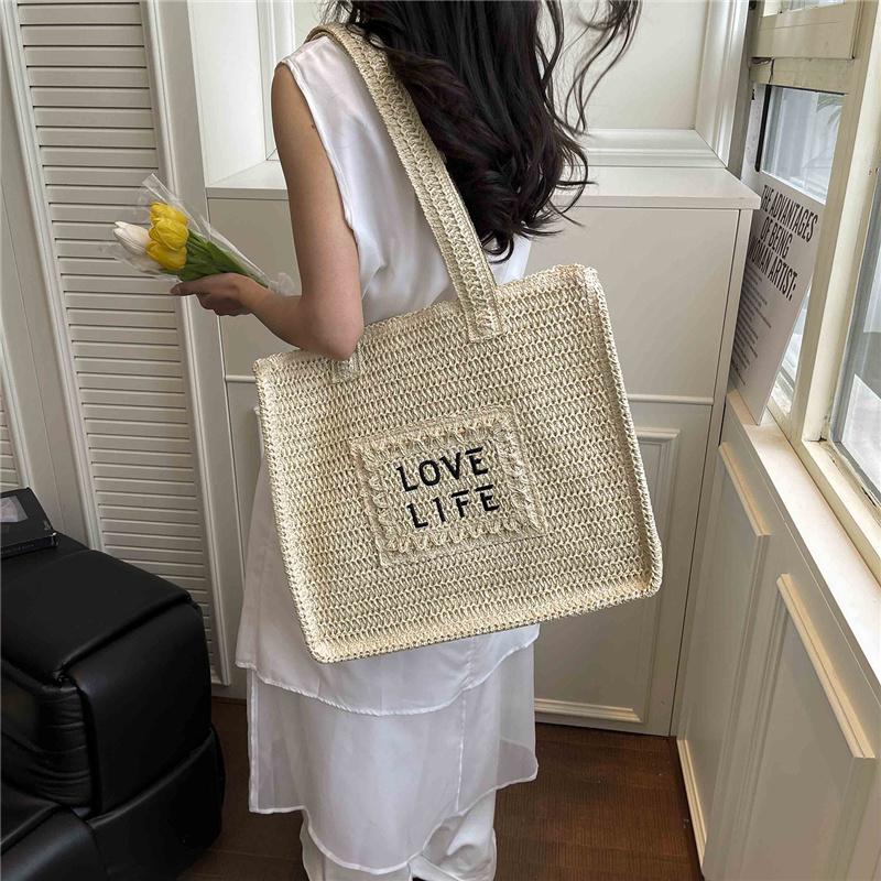Stylish Woven Tote Bag for Women Embroidered Straw Handbag with Large Capacity and Casual Design