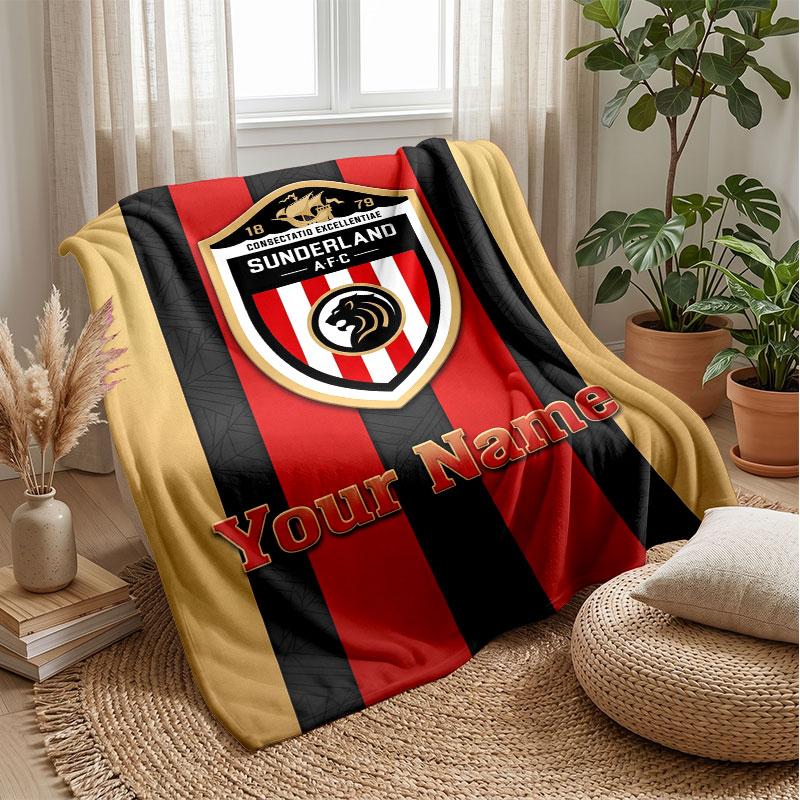 Sunderland FC Custom Name Text Flannel Blanket Soccer Logo Personalized Fleece Throw Blanket Special Gift For Sofa Bedroom Home