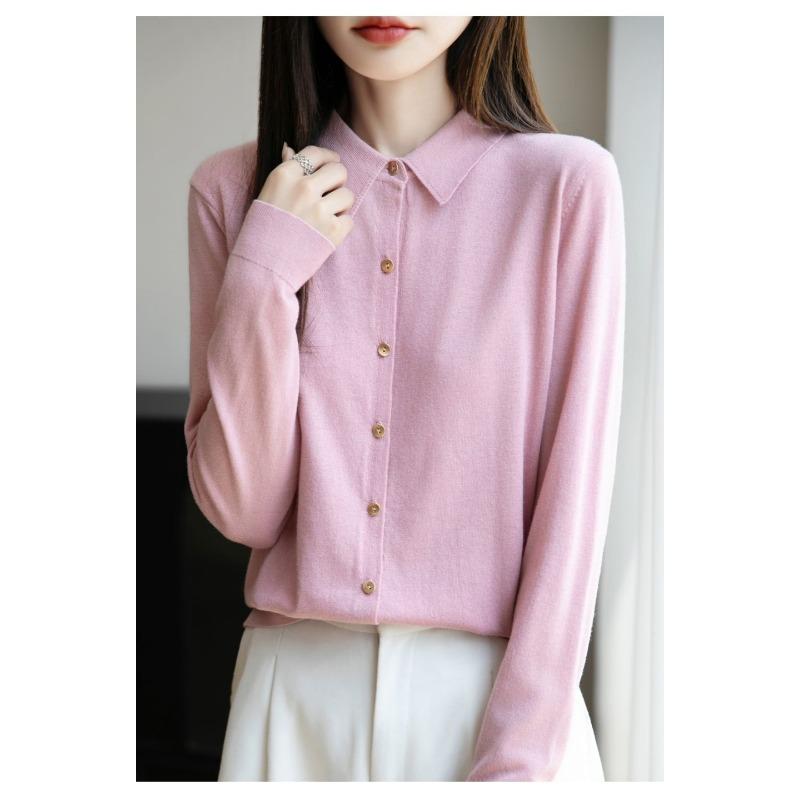 French POLO Collar Knitted Cardigan Feminine Long-sleeved Lapel Shirt Versatile Base Layer Top