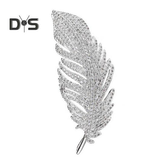 

Брошь из перьев со стразами для женщин и мужчин, искусственный кристалл, перо, лацкан, английская булавка, воротник, ювелирные изделия, аксессуар для вечеринок, свадеб серебряный