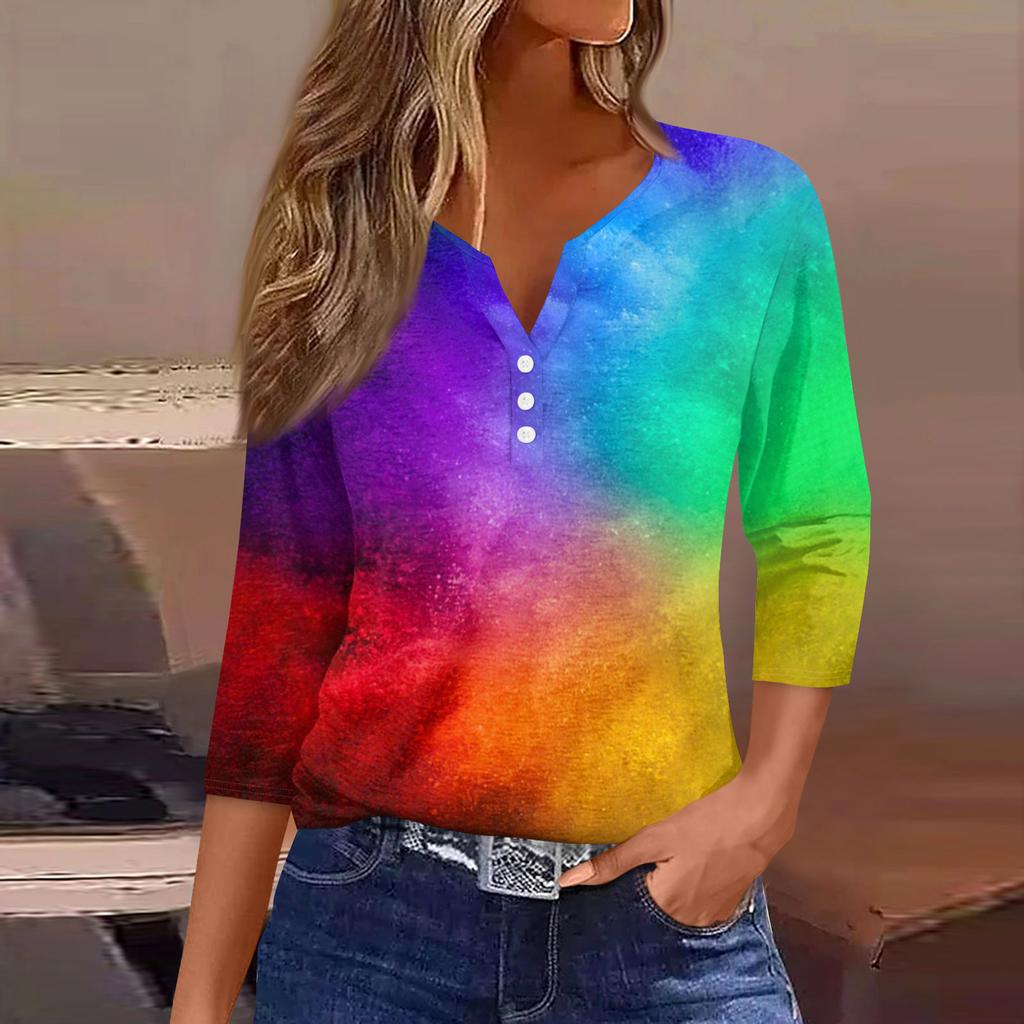 Damen T-Shirt mit Aufdruck, Knopfleiste, 3/4-Ärmel, modisch für den Alltag und das Wochenende, Basic, V-Ausschnitt, normales Oberteil