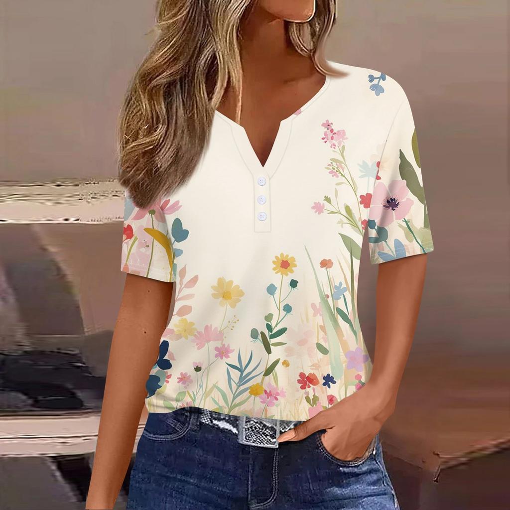Women's T Shirt Print Button Short Sleeve Daily Weekend Fashion Basic V-Neck Regular Top