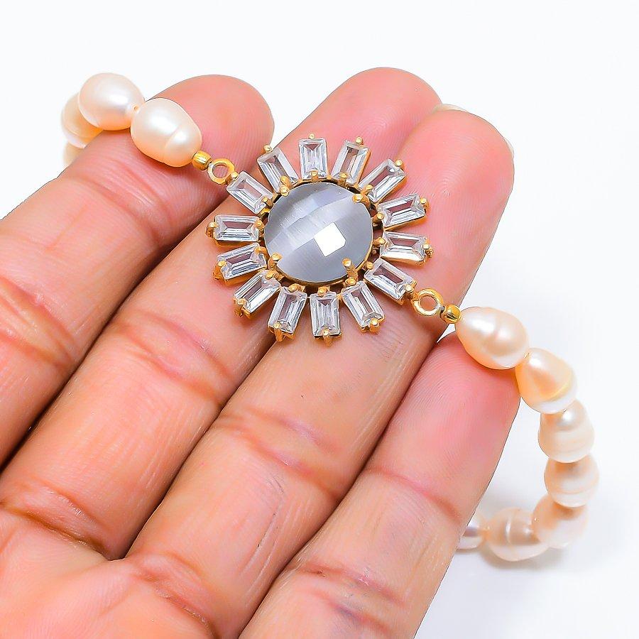 

Monalisa Stone, Pearl Gemstone Handmade 925 Sterling Silver Bracelet 7-8 GK-6134