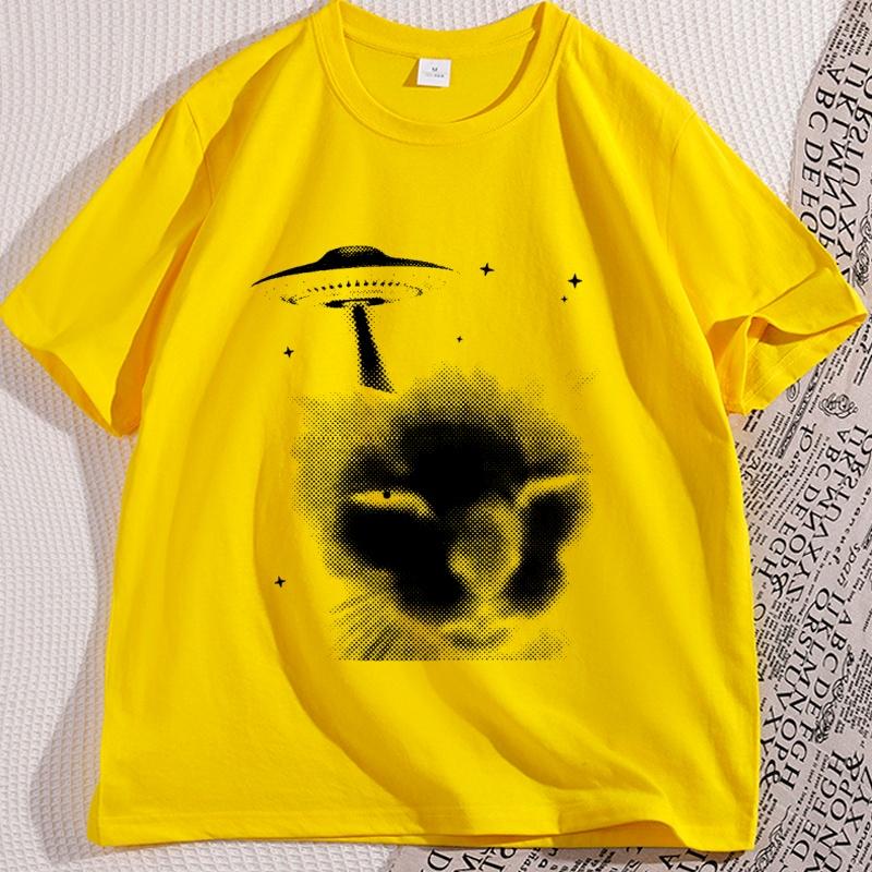 Funny Space Alien Cat Tshirt Vintage Graphic Tee 90s Silly Cats Tshirt Trendy Cotton Short Sleeve Round Neck Summer Tees