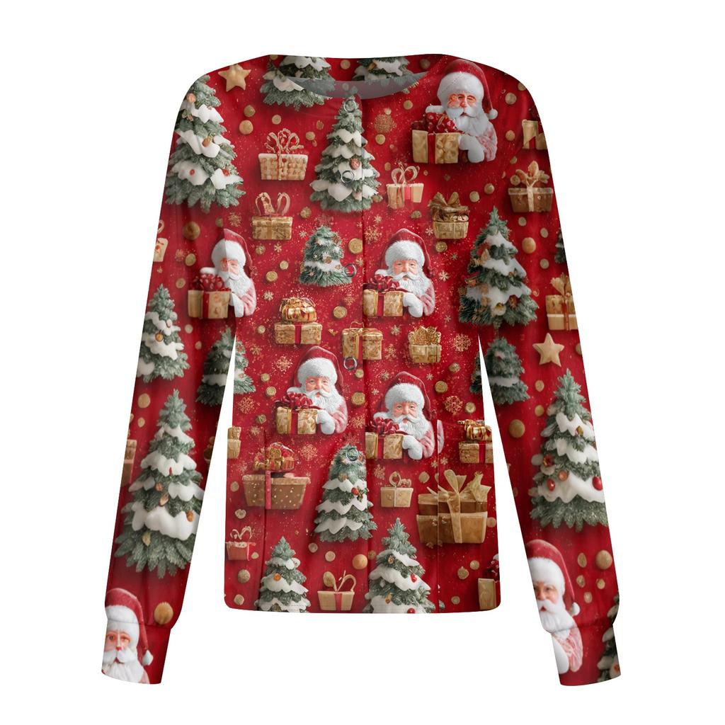 Women's Christmas-printed Casual Long-sleeved Single-breasted Work Uniform Cardigan