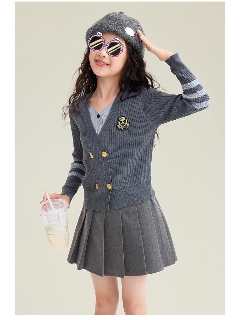 2025 Girls' Academy Style Knit Cardigan with Two-Piece Korean Slimming Skirt Set