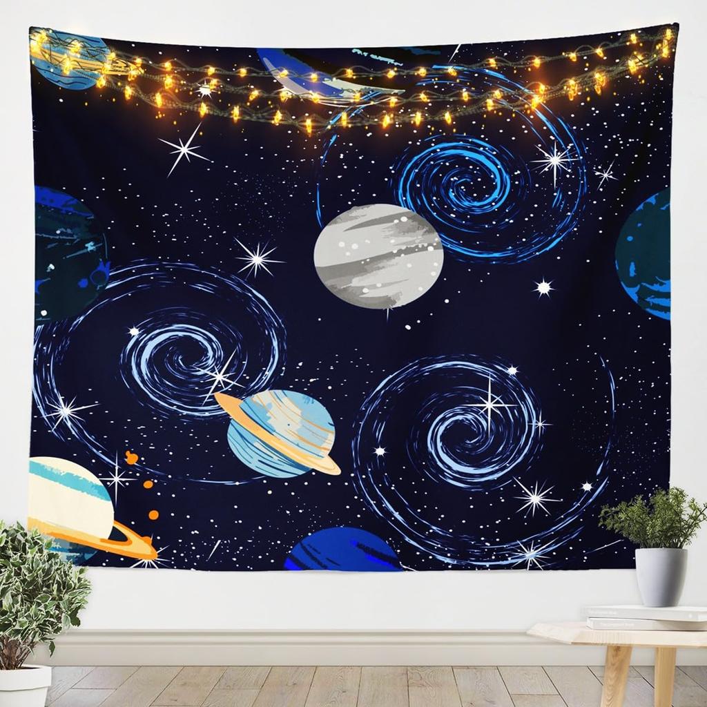 Galaxy Tapestry Outer Space Wall Tapestry for Boys Kids Universe Themed Tapestries Cute Cartoon Planet Rocket Print Wall Hanging