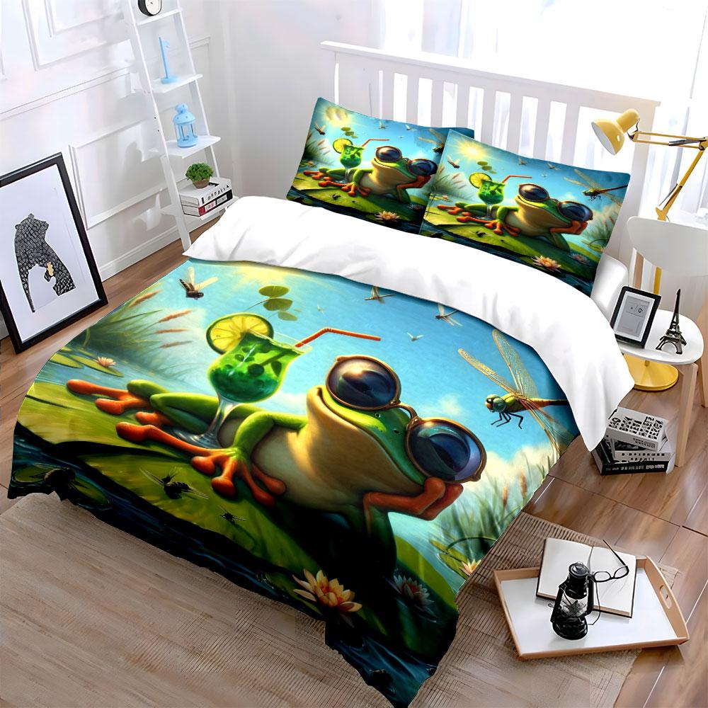 Relaxing Frog With Drink Print Bedding Set 1 Duvet Cover 2 Pillowcases For Adult And Children Luxury Gift Full Size
