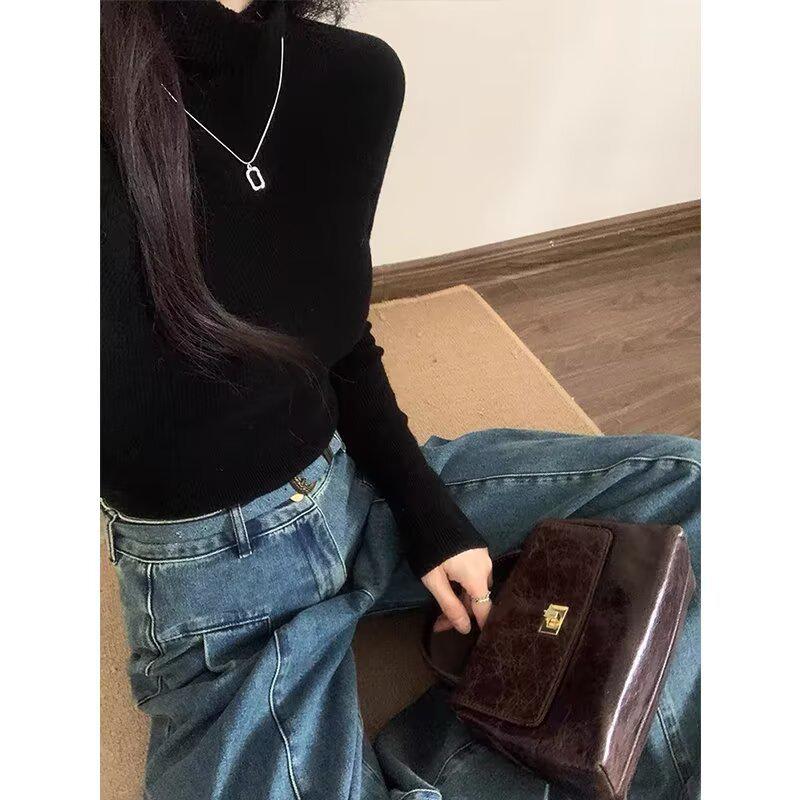 Hong Kong Retro Blue High Waist Wide Leg Floor-Length Jeans for Women