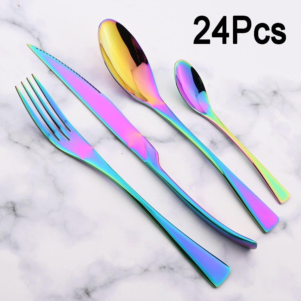 24 stk Svart 18/10 Rustfritt Stål Middagsbestikksett Servise Biffkniv Gaffel Skje Middagsbestikksett Kjøkkenbestikk Gave