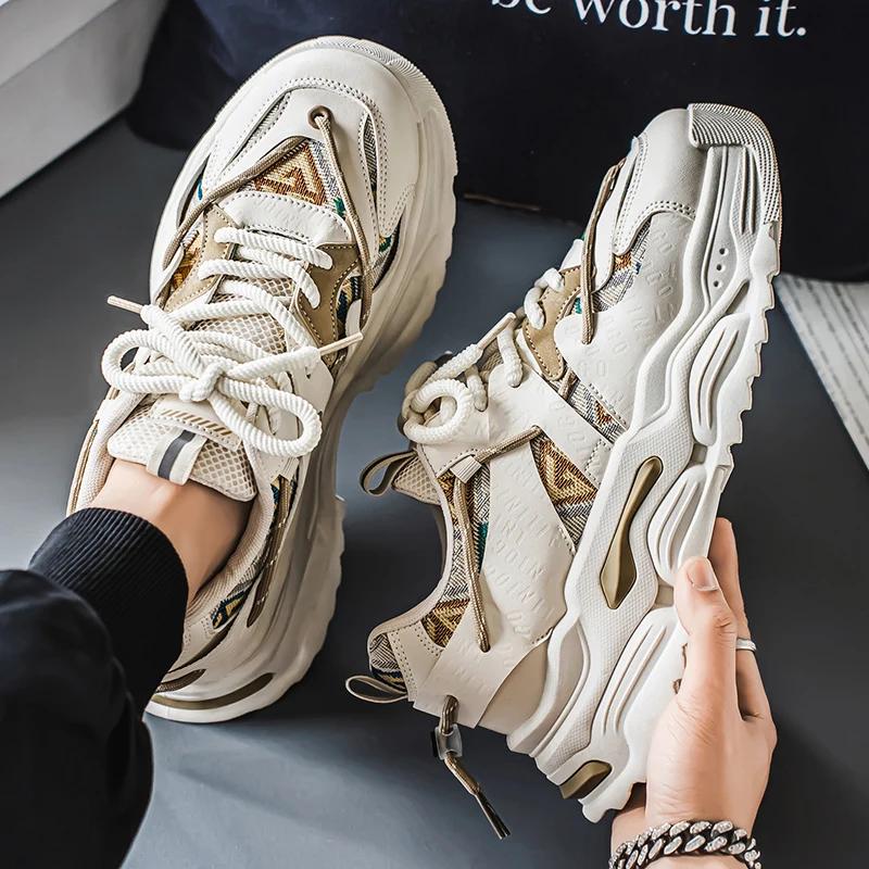 Fashion Men's Sneakers Luxury Brand Leather Casual Shoes Trend Skateboard Shoes for Men Lace Up Platform Vulcanize Shoes Tenis Masculino