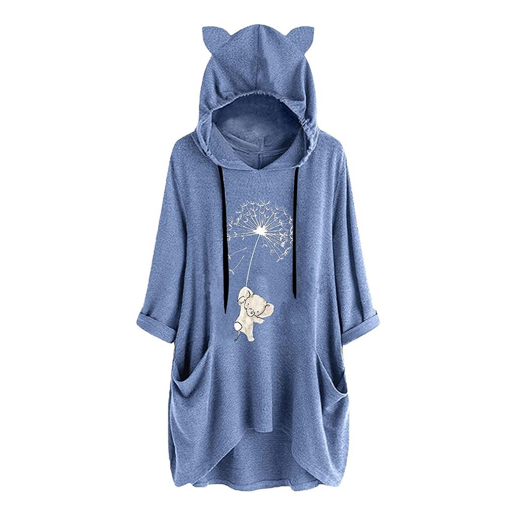 Women Casual Hooded Long Sleeves Elepha  Print Pocket Shirt Irregular Top Blouse