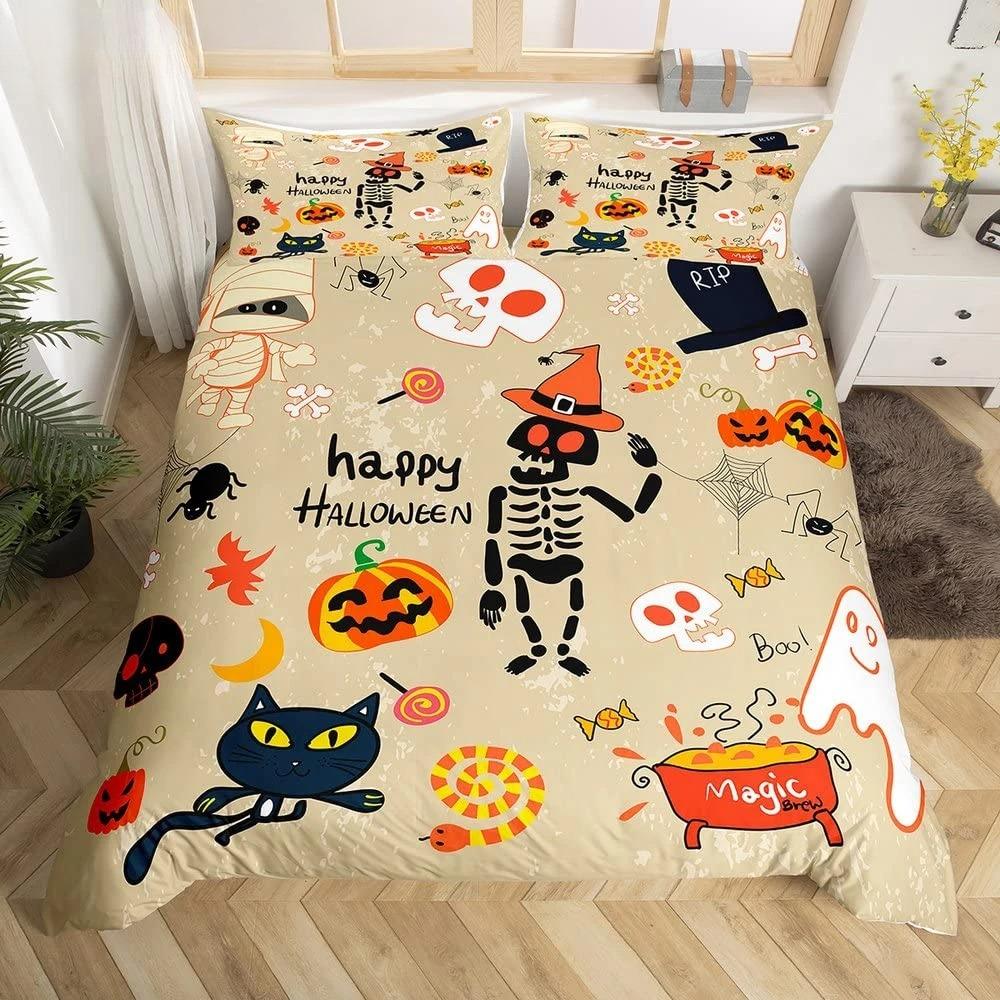 Sugar Skull King Queen Duvet Cover Funny Skeleton Halloween Bedding Set Gothic Spooky Bone Quilt Cover Polyester Comforter Cover