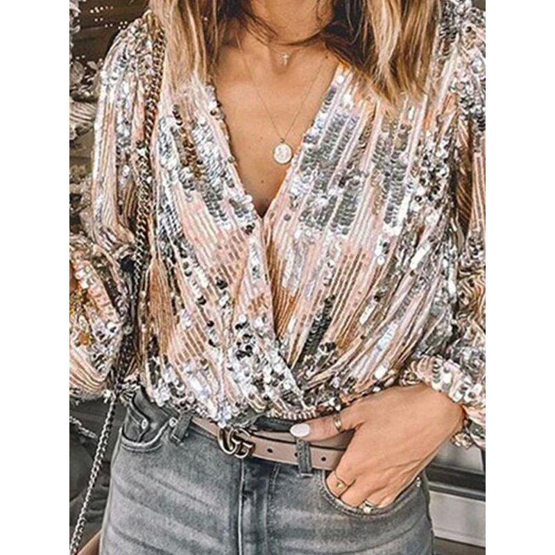 Women's Sequined V-neck Long Sleeve Shirt Sequins V-neck Long sleeve Top Women