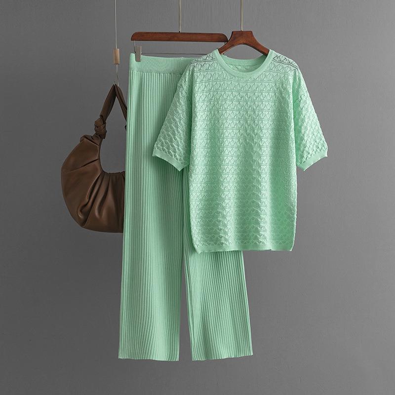 Summer new solid color hollow casual round neck fashion suit short sleeve trousers knitted two-piece set