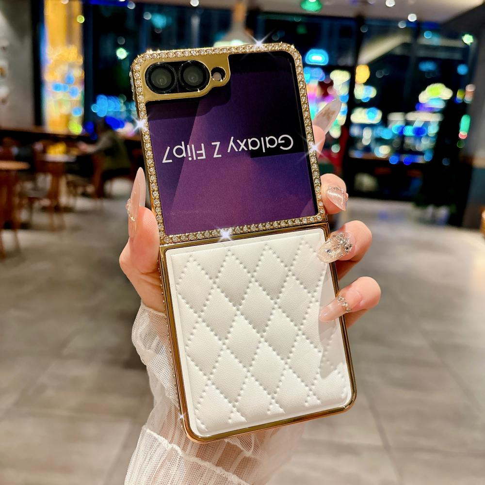 Lambskin Quilted Leather Case For Samsung Galaxy Z Flip 7 6 5 4 3 Cover Bling Diamond Shockproof For Samsung Galaxy 7 6 5 Z Flip