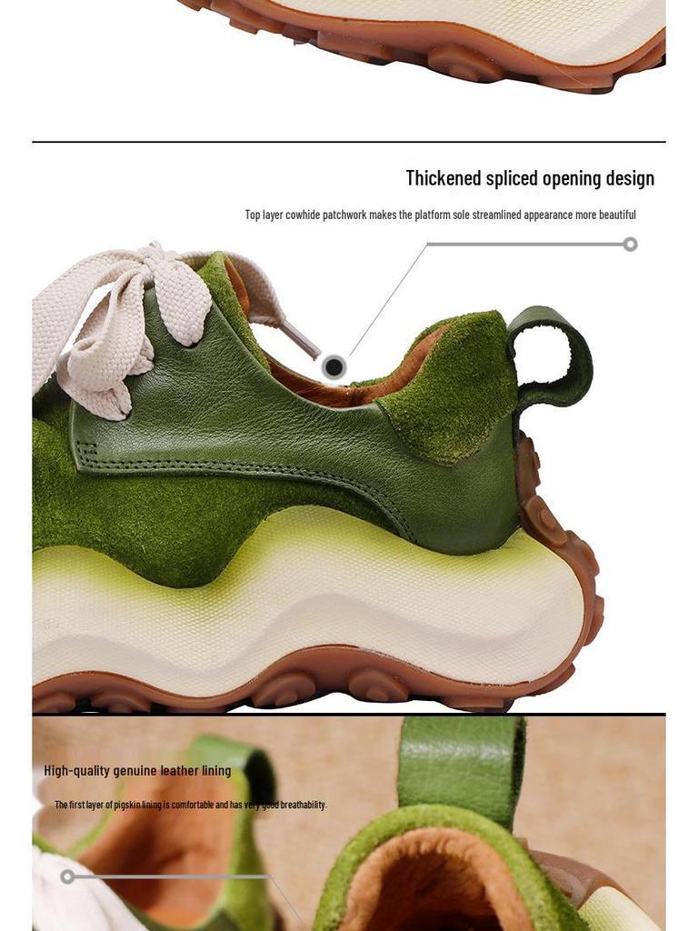 2025 Autumn Women's Trendy Cowhide Sporty Lace-up Sneakers – Breathable, Thick Sole, Casual Design for All Seasons