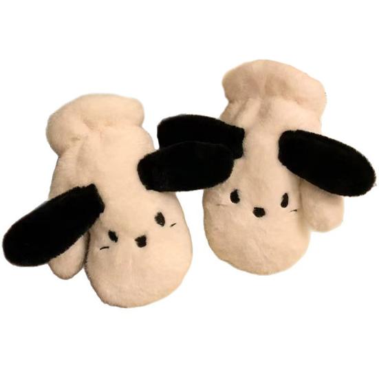 Cute Plush Dog Mittens Women Men Big Ear Dog Gloves Warm Fuzzy Animal Mittens for Winter Outdoor Street Daily Errands