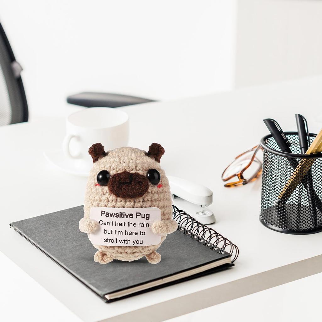Personalized Crochet Positive Pug Doll Home Room Decor Handmade Knitted Dog Doll Christmas Birthday Friend Party Decoration Gift