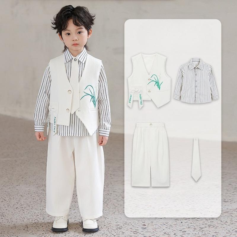 Kids Boys Chinese Style Formal Suit Set Orchid Embroidered Vest Striped Shirt Pants Gentleman Outfit for Wedding Birthday Party