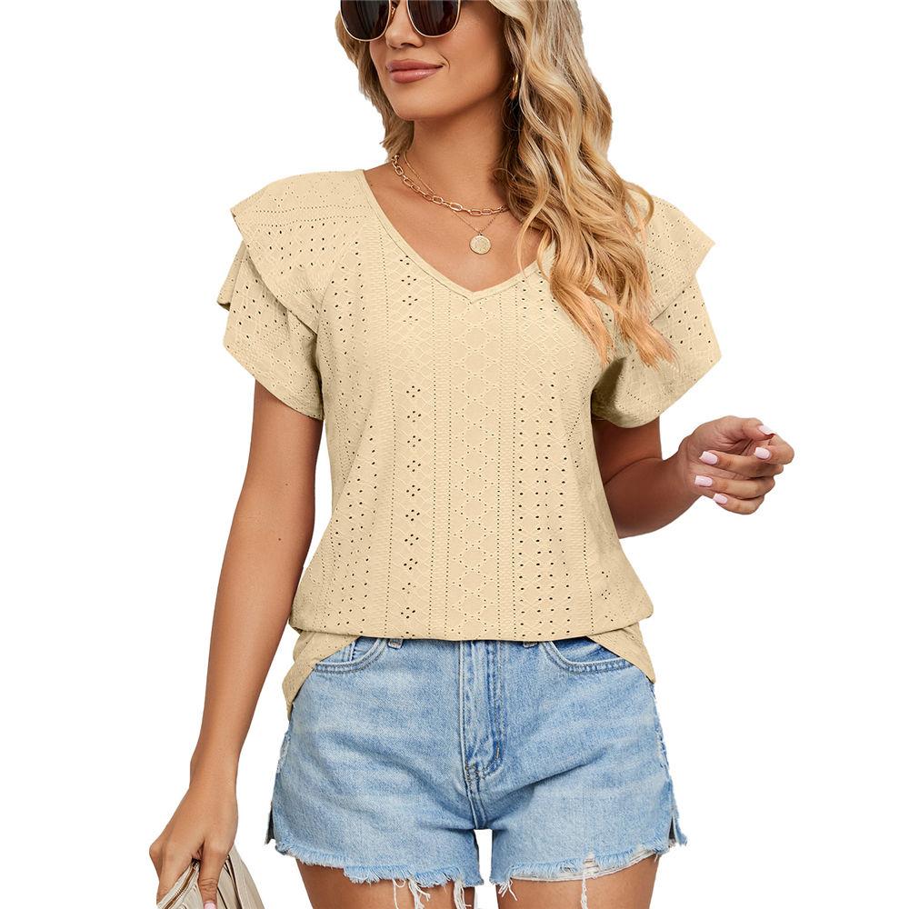 Womens Summer Eyelet Tops V Neck Double Ruffle Sleeve Casual Blouse Shirts Loose Fit Tops