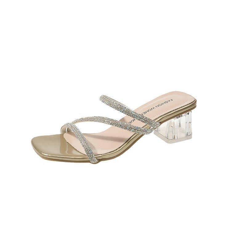 Soft Leather Crystal Thick Heel Sandals Female Internet Celebrity High Heels Two Slippers Rhinestone Fairy Wind Wear Deodorant Summer New