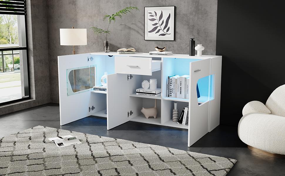 140*33*70cm living room sideboard, chest of drawers with 3 doors, high-gloss cabinet with LED light strip, tempered glass, white