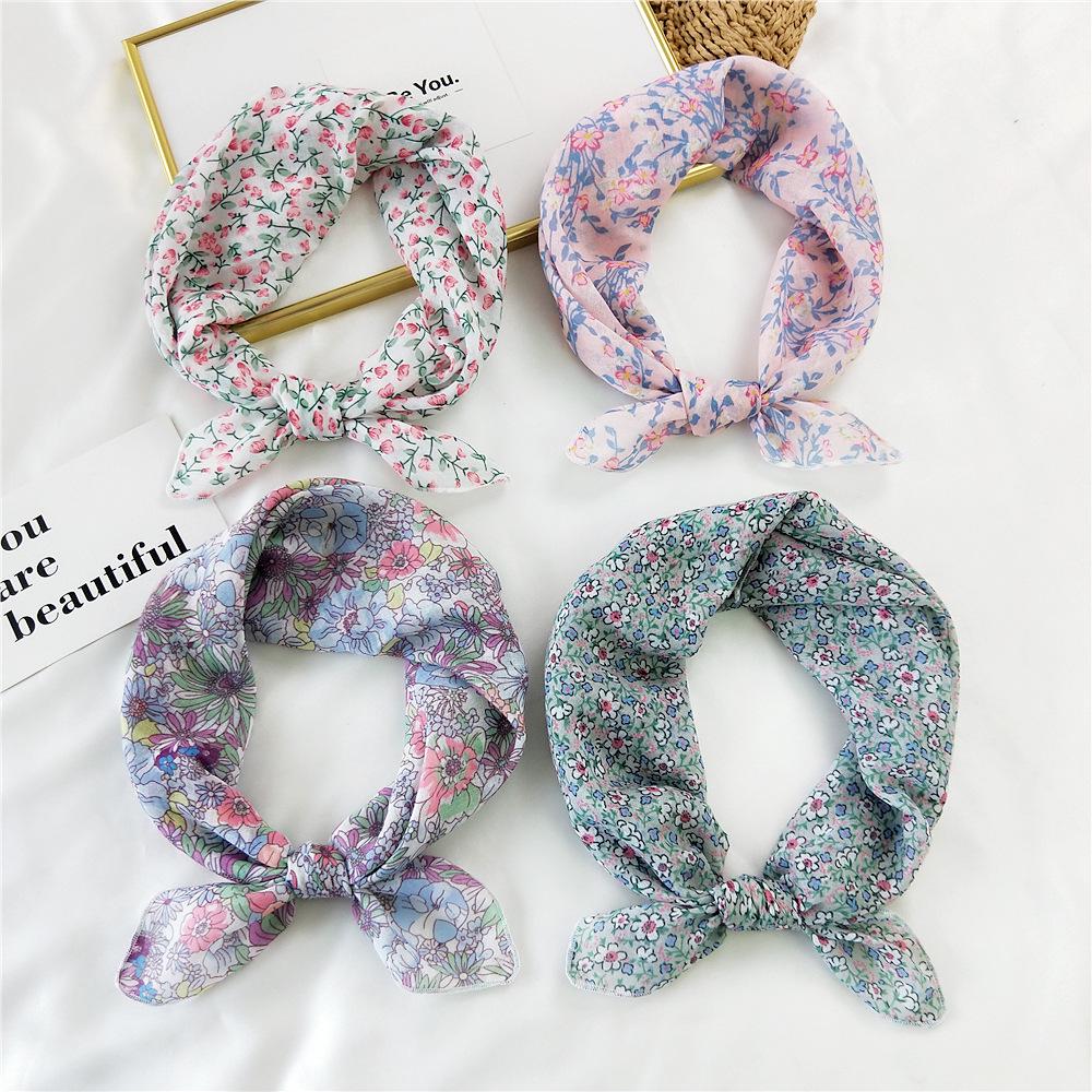 Floral Cotton Linen Silk Scarf: Women's Square Headband for Spring, Summer, Autumn - Korean Fresh Style