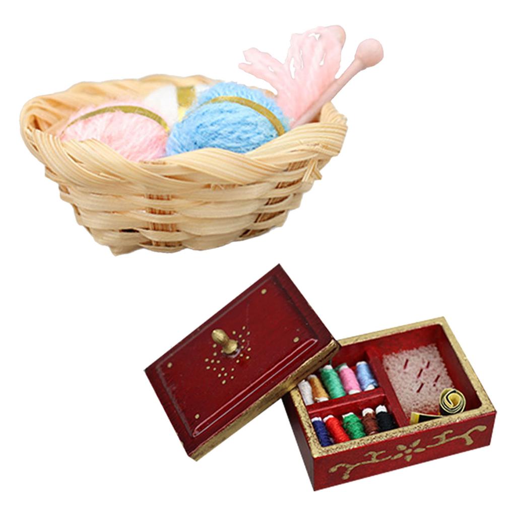 1/12 Scale Dollhouse Miniature Sewing Tools Kits With Yarn Basket and Sewing Box For Realistic Model Scene Crafting
