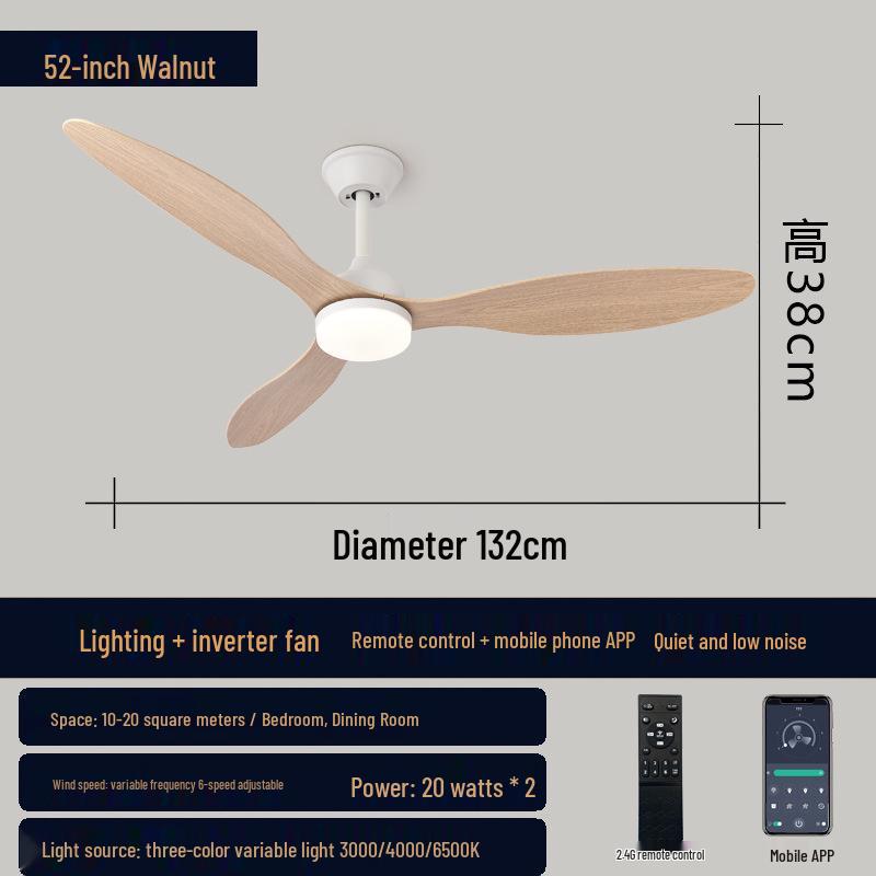 42/52-Inch Three-Blade Large Ceiling Fan Light for Bedroom, Dining, and Living Room