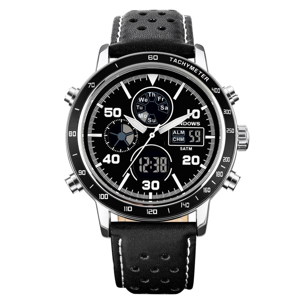 PINDOWS Genuine Leather Casual Analog-Digital Watch, Retro Racing Strap Model PDS-642, Silver/Black, Men's