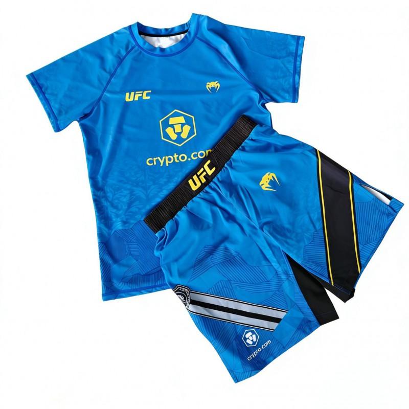 Schnelltrocknendes MMA Boxen Muay Thai Trainingsset Kinder - Kurzarm Oberteil Shorts Schwarz Gold Blau
