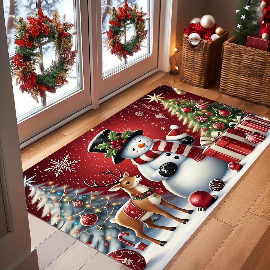 VIKAMA Christmas Candy Cane Doormat Snowman & Deer Welcome Carpet Outdoor Indoor Entryway Mat Living Room Rugs Home Decor
