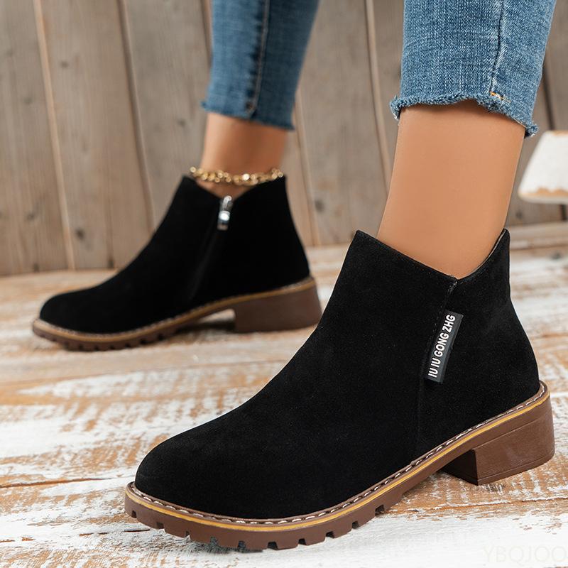 Fashion Short tube mid heel retro short boots for women thick heel flat bottom side zipper simple comfortable daily women's shoes