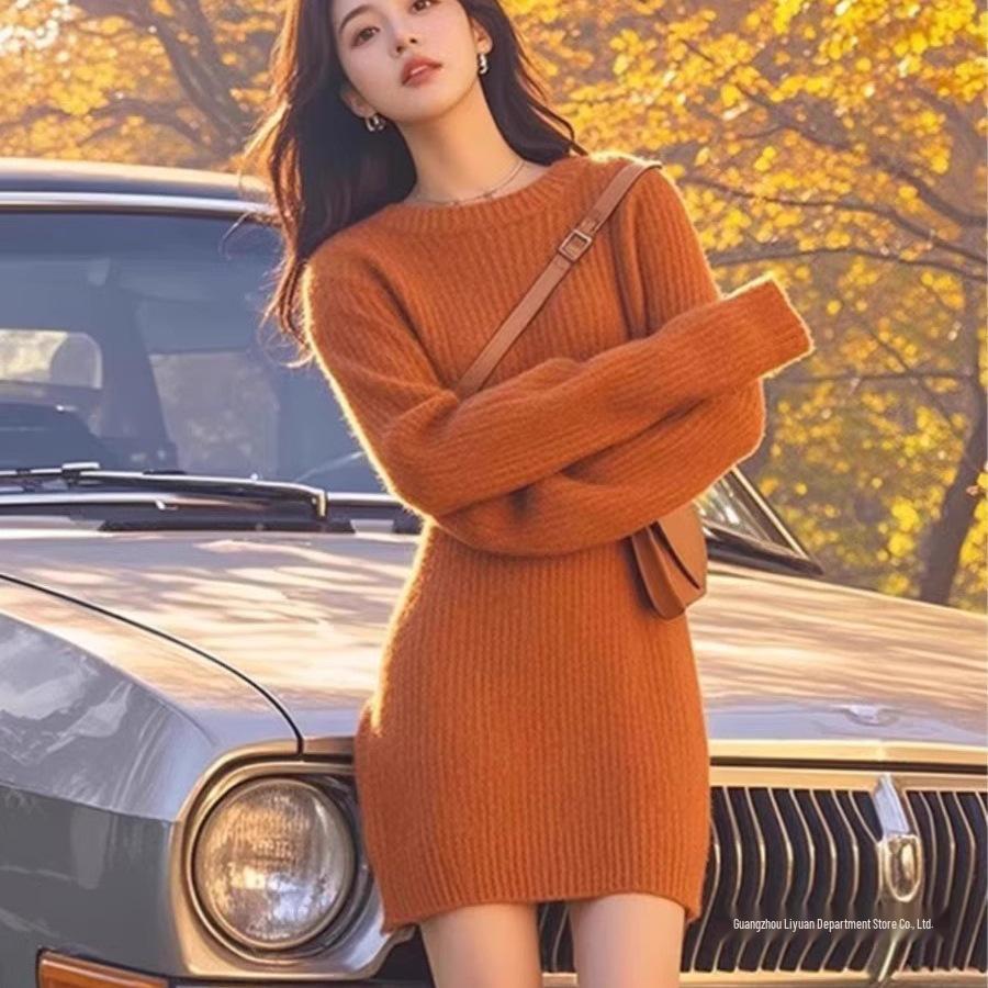 Elegant Mid-Length Knitted Wool Dress: Slim-Fitting, Figure-Flattering, Perfect for Autumn & Winter