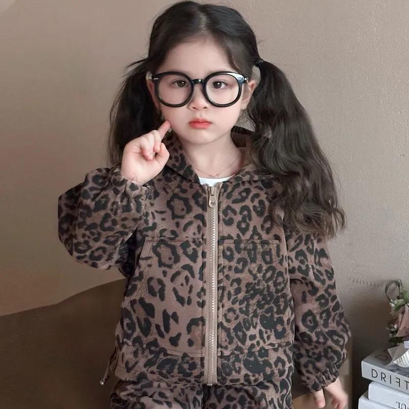 Spring Autumn Girls'  Kids Leopard Pattern Suit Coat+trousers Pants Sets Comfortable Cute Baby Clothes Children Clothing Sportswear Two-piece Set