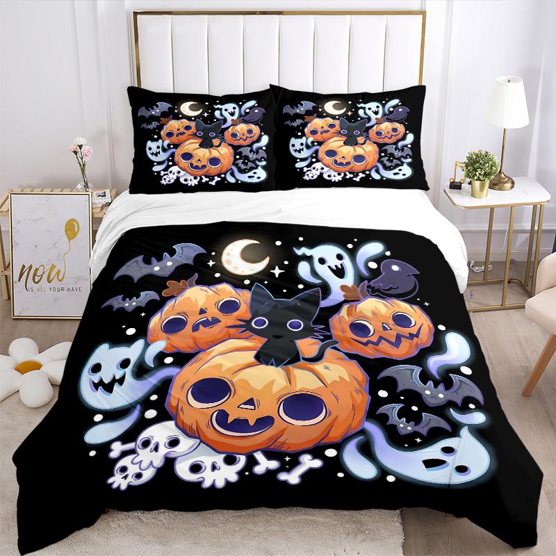 3pcs Halloween Theme Cat & Pumpkin Bedding Set - Includes 1 Quilt Cover and 2 Pillowcases, Comfortable Bedding with Stylish Design for Bedro